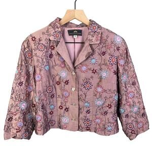 British Khaki Blazer Women Size 6 Colorful Beaded Preppy Cropped Floral